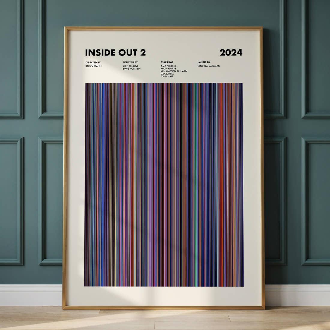 Inside Out 2 Movie Barcode Poster framed and leaning against a panelled wall