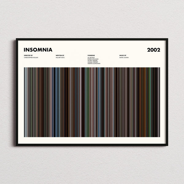 Insomnia Movie Barcode Poster framed and photographed straight on