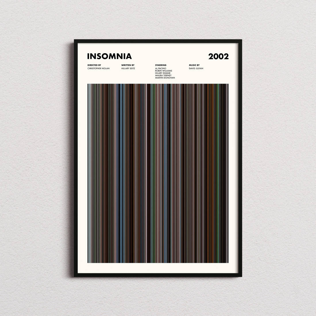 Insomnia Movie Barcode Poster framed on a plain studio wall