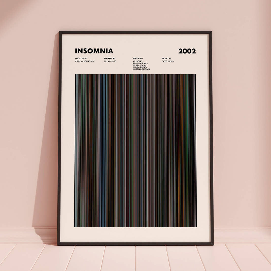 Insomnia Movie Barcode Poster framed and leaning against a coloured wall