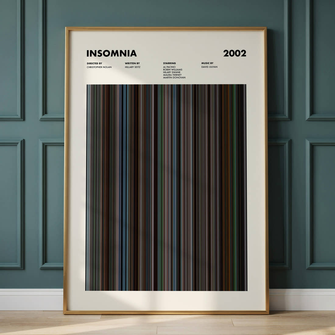 Insomnia Movie Barcode Poster framed and leaning against a panelled wall
