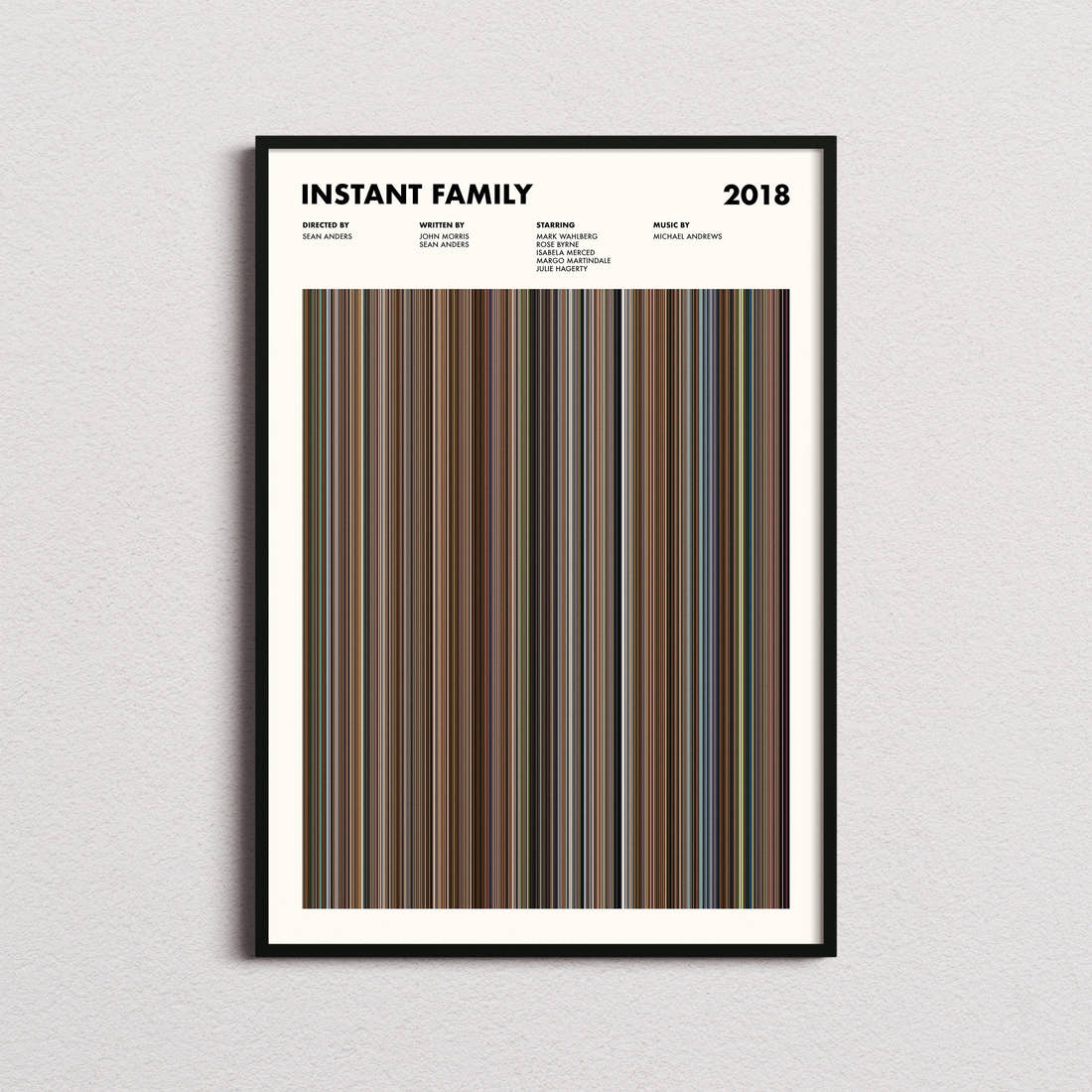 Instant Family Movie Barcode Poster framed on a plain studio wall