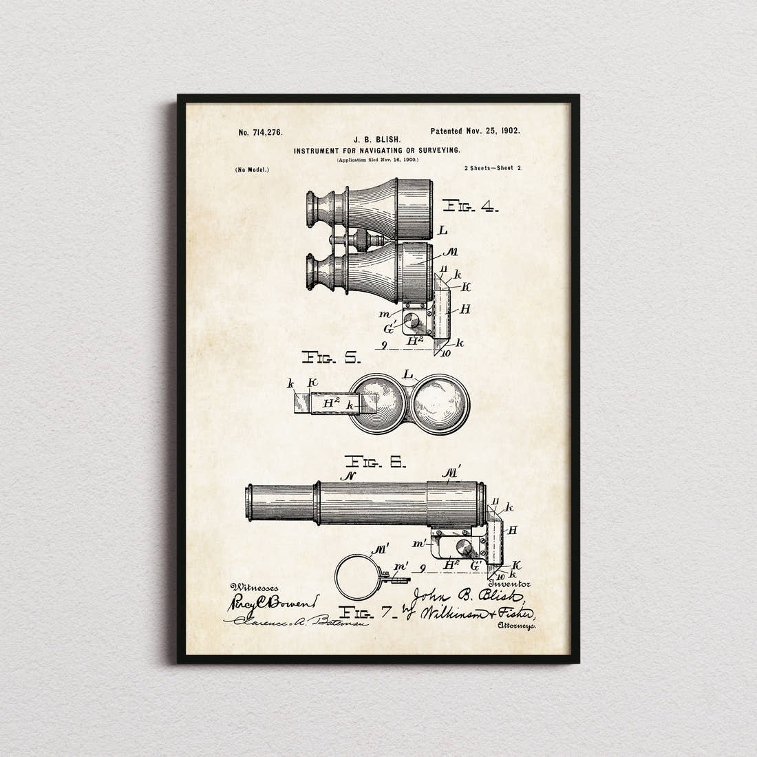 Instrument For Navigating Or Surveying Patent Print in the aged paper colourway, framed