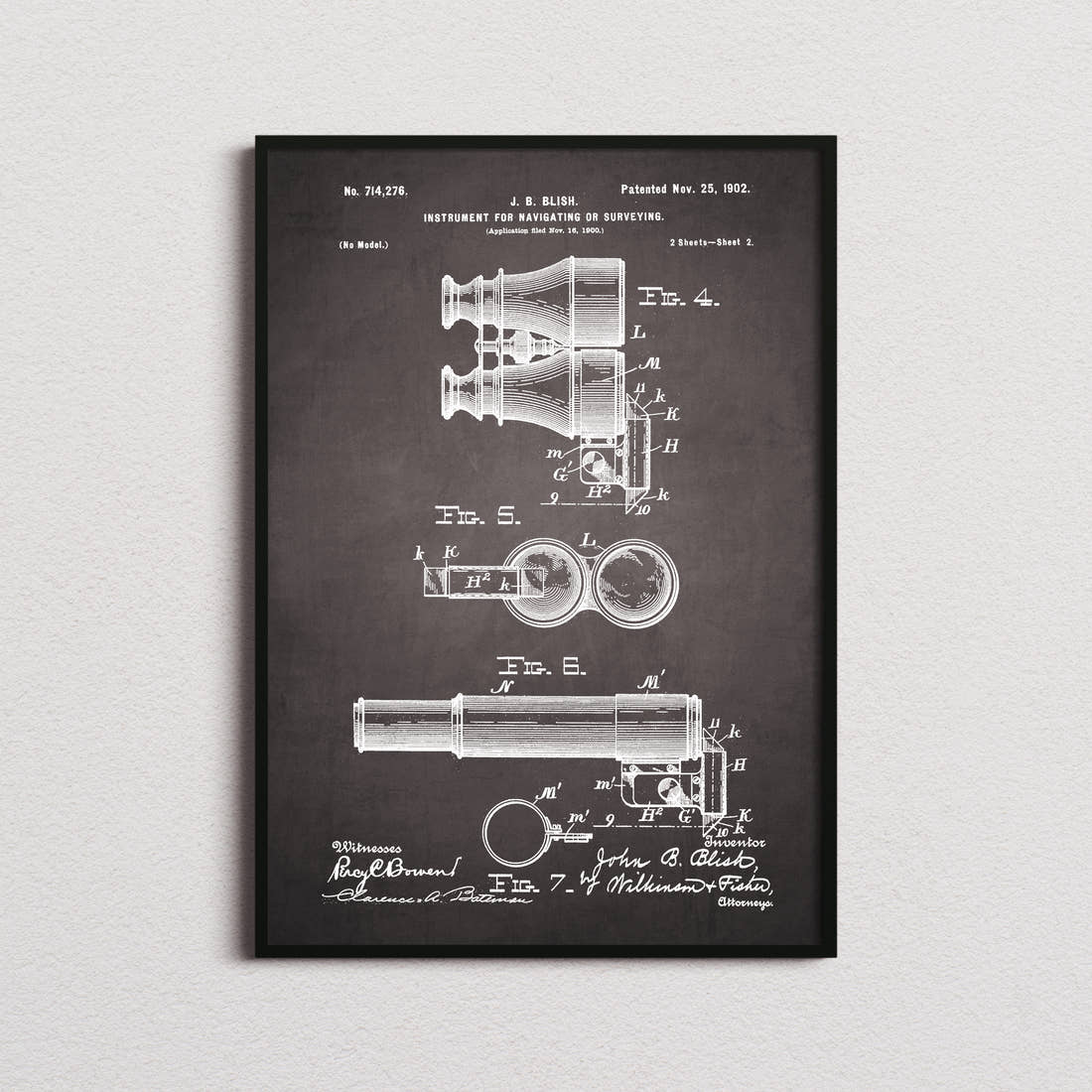 Instrument For Navigating Or Surveying Patent Print in the blackboard colourway, framed