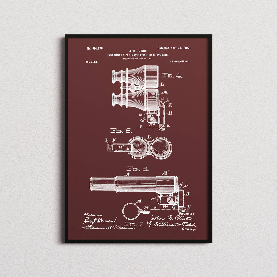 Instrument For Navigating Or Surveying Patent Print in the burgundy colourway, framed