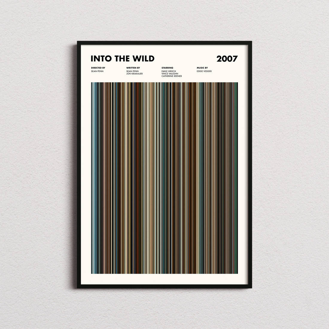 Into The Wild Movie Barcode Poster framed on a plain studio wall