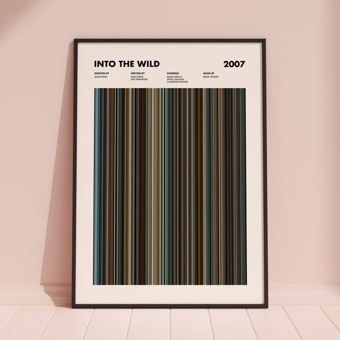 Into The Wild Movie Barcode Poster framed and leaning against a coloured wall