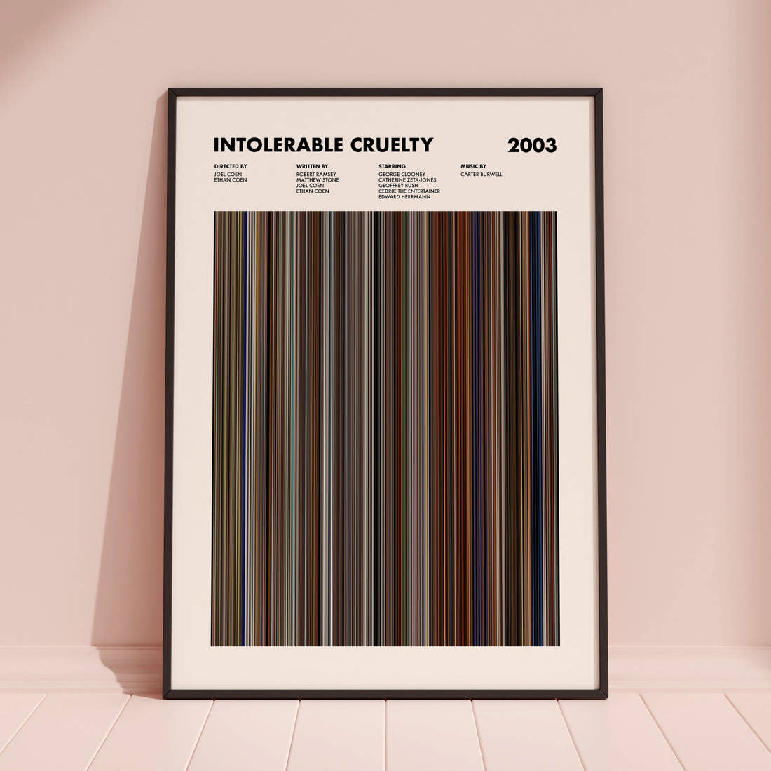 Intolerable Cruelty Movie Barcode Poster framed and leaning against a coloured wall