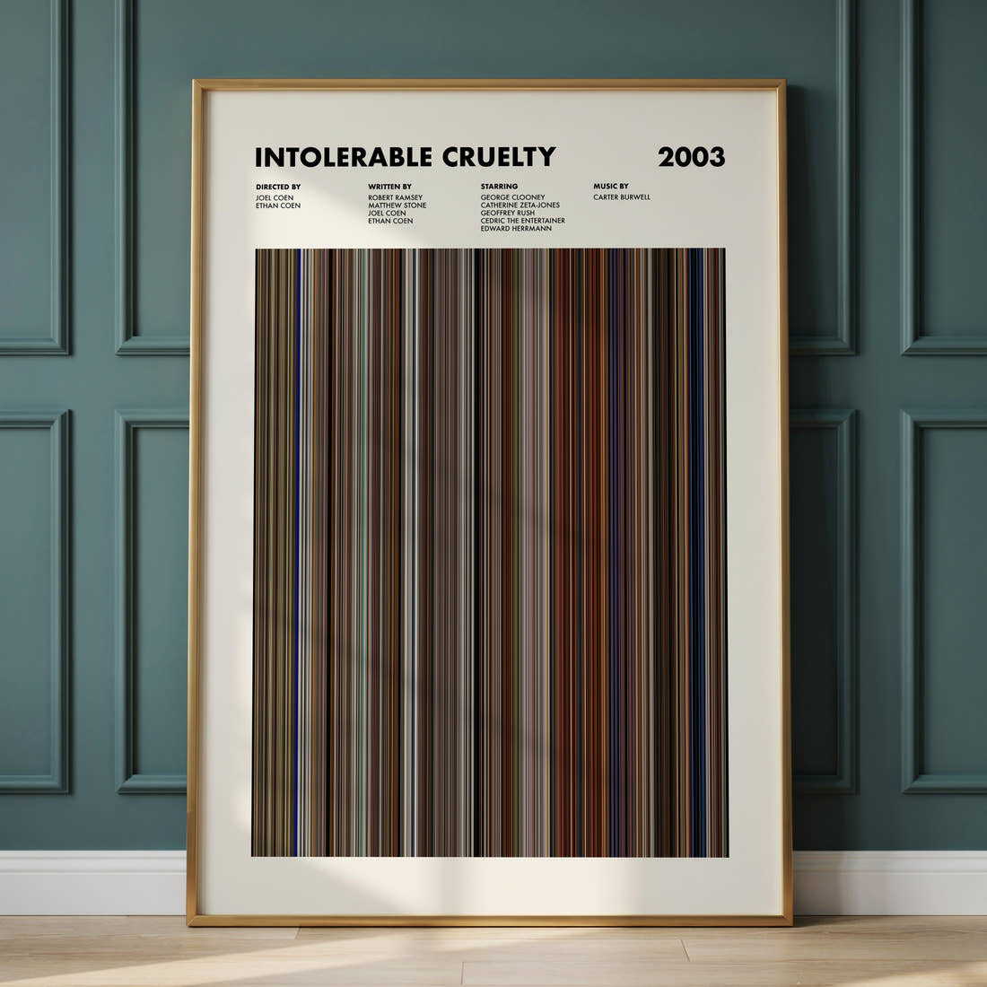 Intolerable Cruelty Movie Barcode Poster framed and leaning against a panelled wall