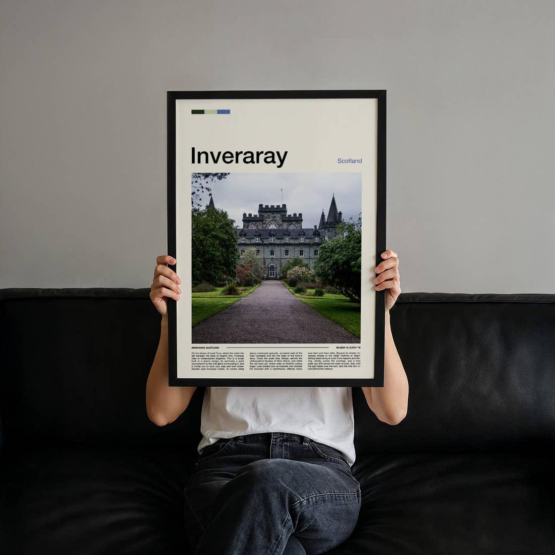 Inveraray Turreted Castle Approach Travel Print held up by hand to show the size of the print