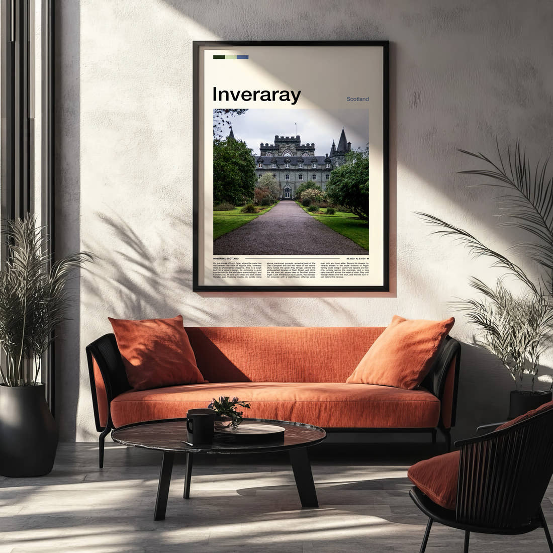 Inveraray Turreted Castle Approach Travel Print framed on the wall of a modern living room