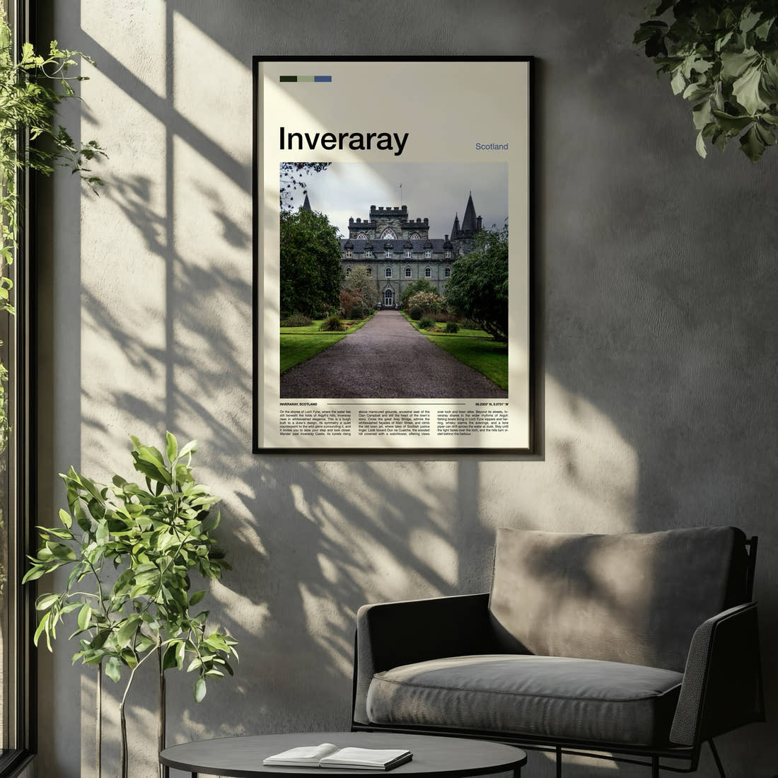 Inveraray Turreted Castle Approach Travel Print framed on the wall of a relaxed living room