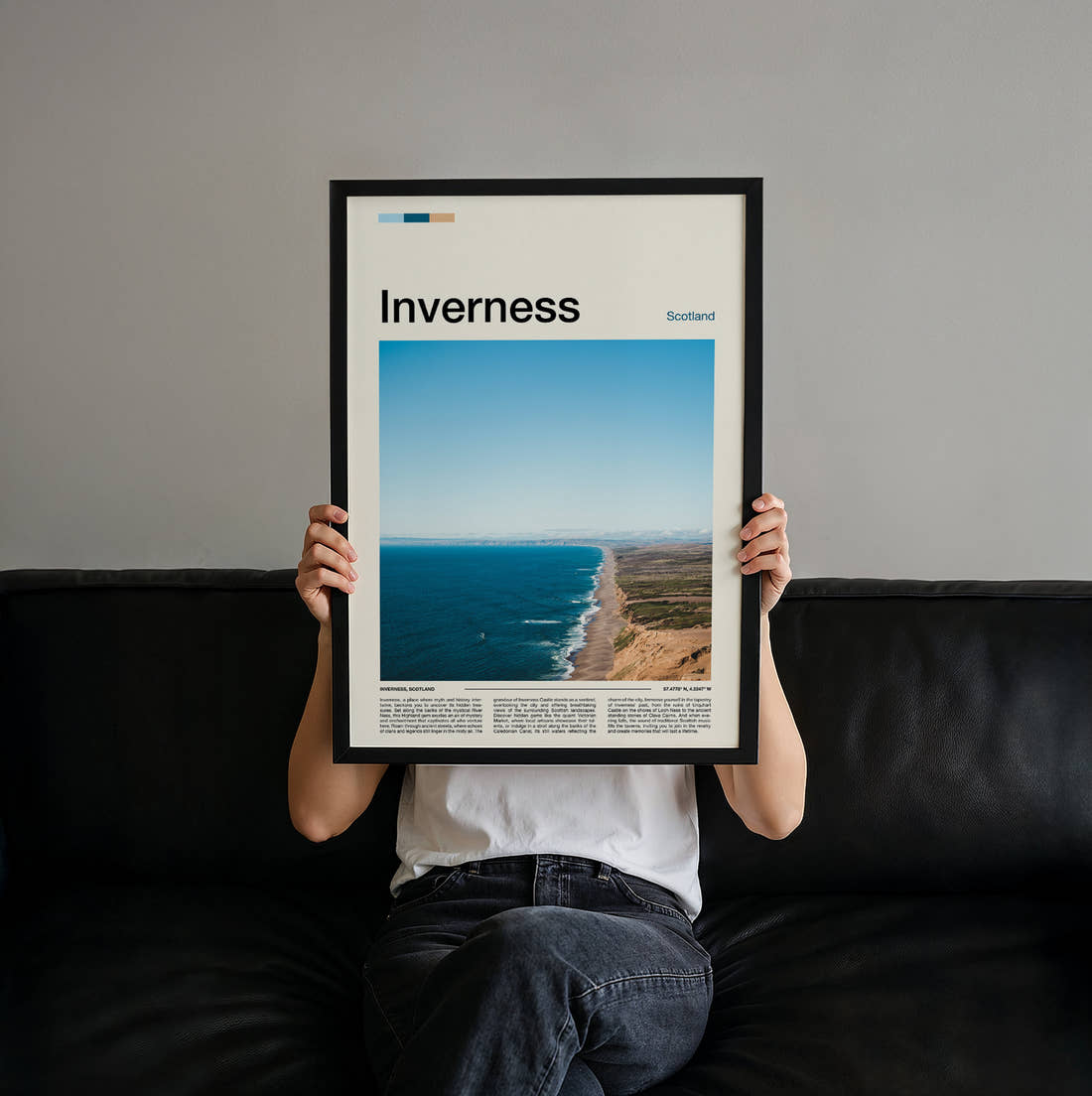 Inverness Sandy Beach And Dunes Travel Print held up by hand to show the size of the print