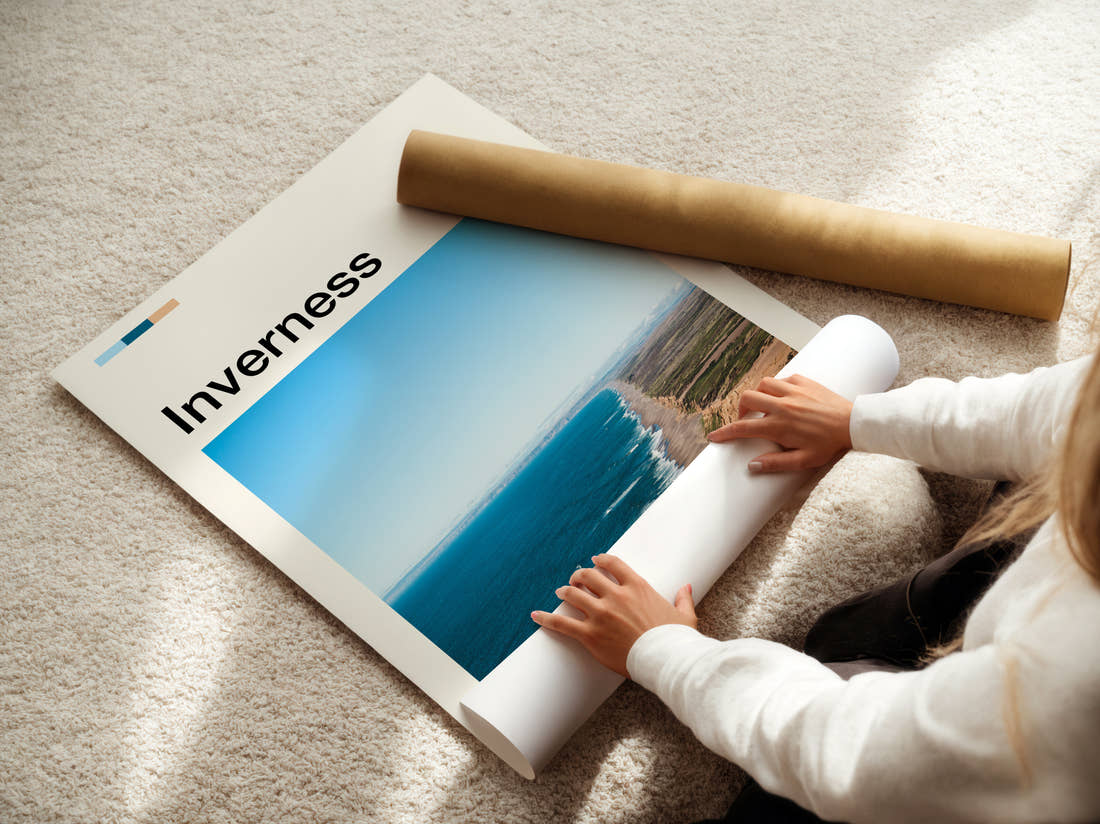 Inverness Sandy Beach And Dunes Travel Print being unrolled from its postal tube