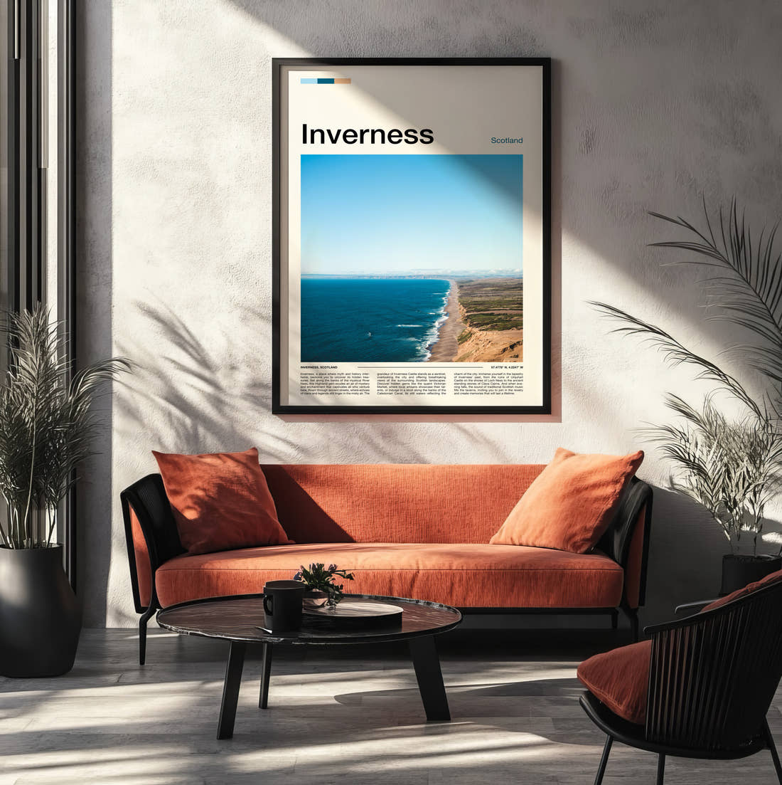 Inverness Sandy Beach And Dunes Travel Print framed on the wall of a modern living room