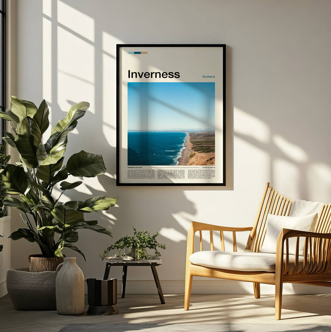 Inverness Sandy Beach And Dunes Travel Print framed on a pale wall beside houseplants