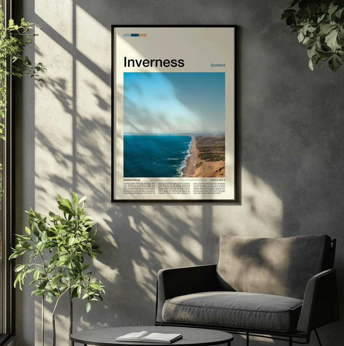 Inverness Sandy Beach And Dunes Travel Print framed on the wall of a relaxed living room