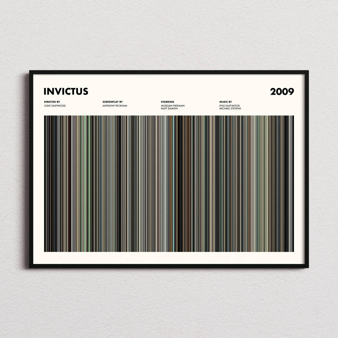 Invictus Movie Barcode Poster framed and photographed straight on