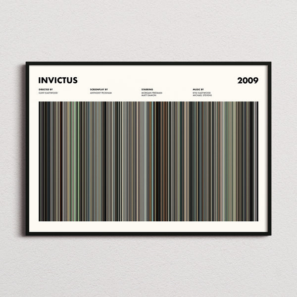 Invictus Movie Barcode Poster framed and photographed straight on