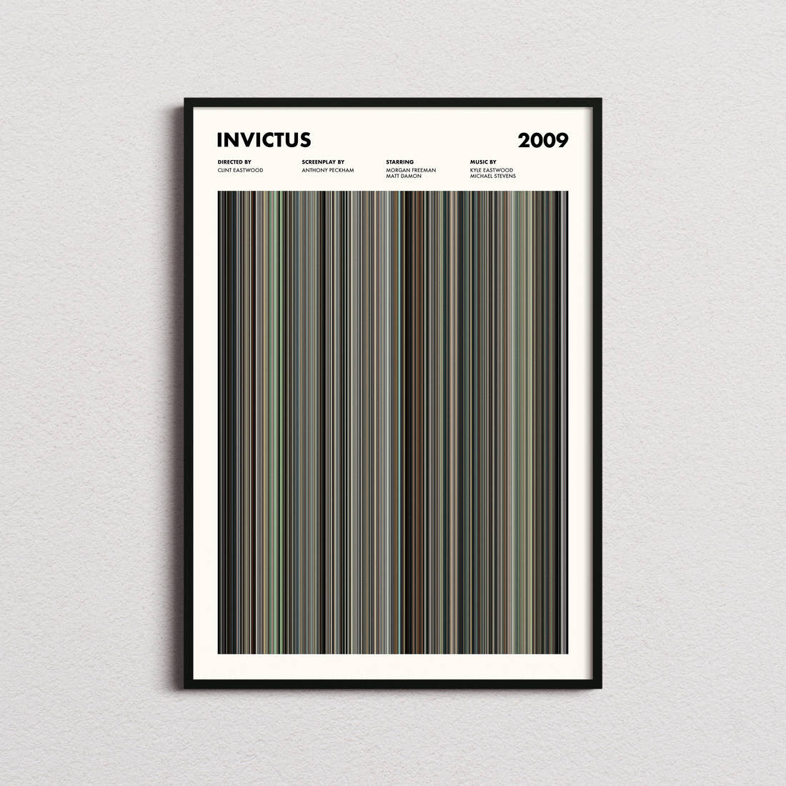 Invictus Movie Barcode Poster framed on a plain studio wall