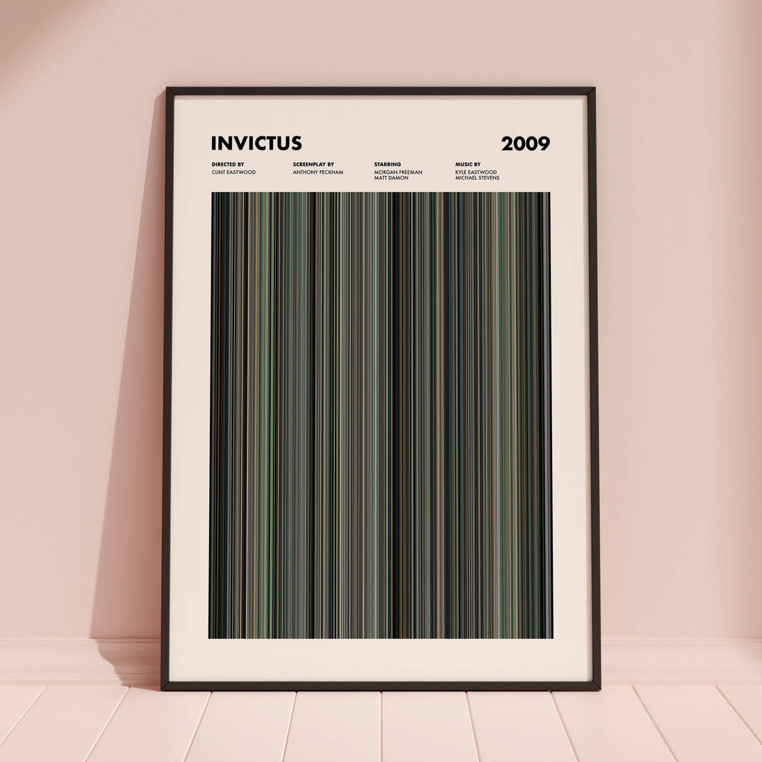 Invictus Movie Barcode Poster framed and leaning against a coloured wall