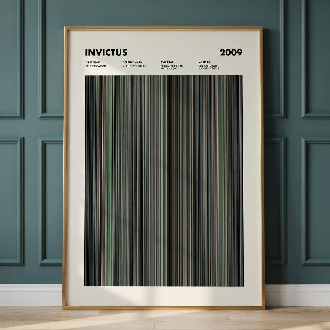 Invictus Movie Barcode Poster framed and leaning against a panelled wall