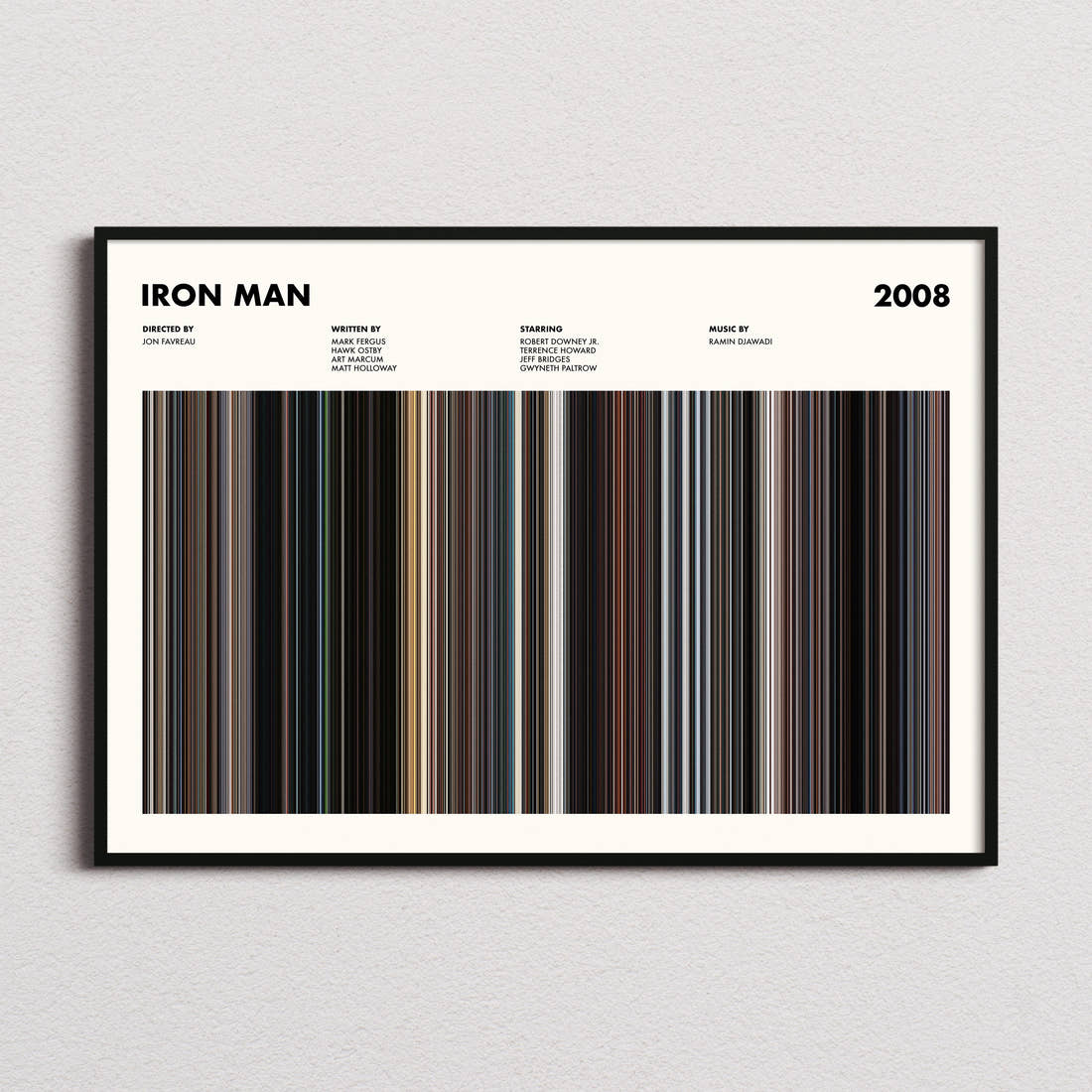 Iron Man Movie Barcode Poster framed and photographed straight on