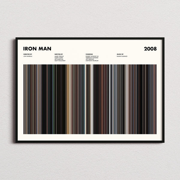 Iron Man Movie Barcode Poster framed and photographed straight on