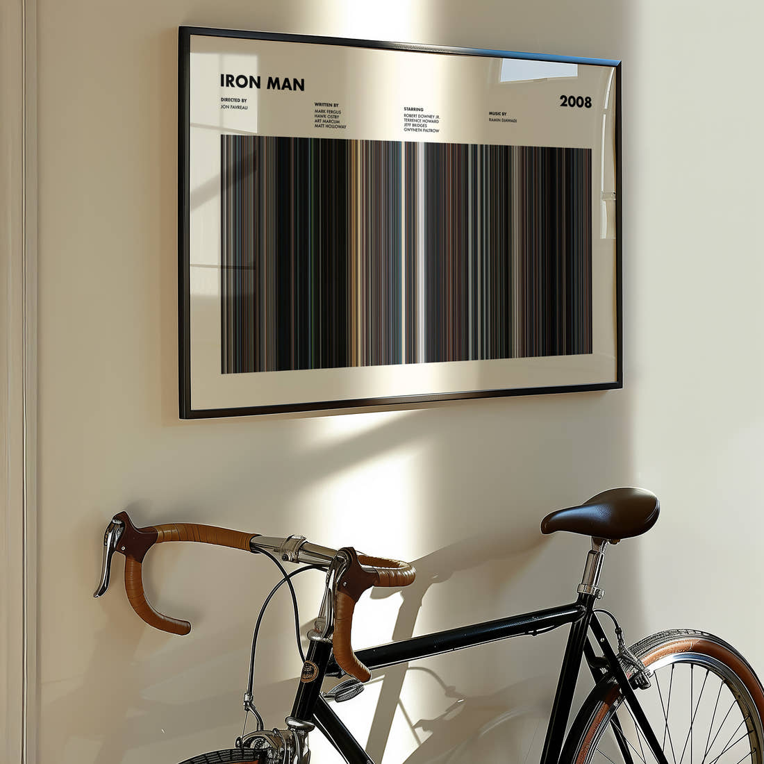 Iron Man Movie Barcode Poster framed on the wall of a styled room setting