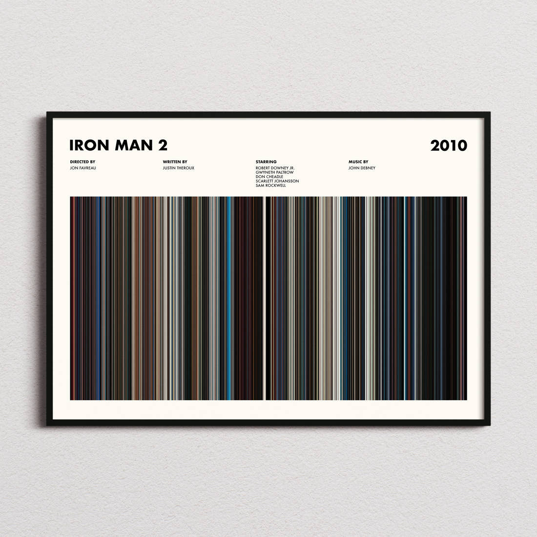 Iron Man 2 Movie Barcode Poster framed and photographed straight on