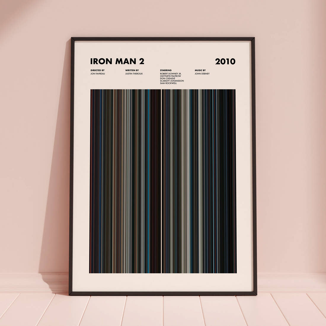 Iron Man 2 Movie Barcode Poster framed and leaning against a coloured wall