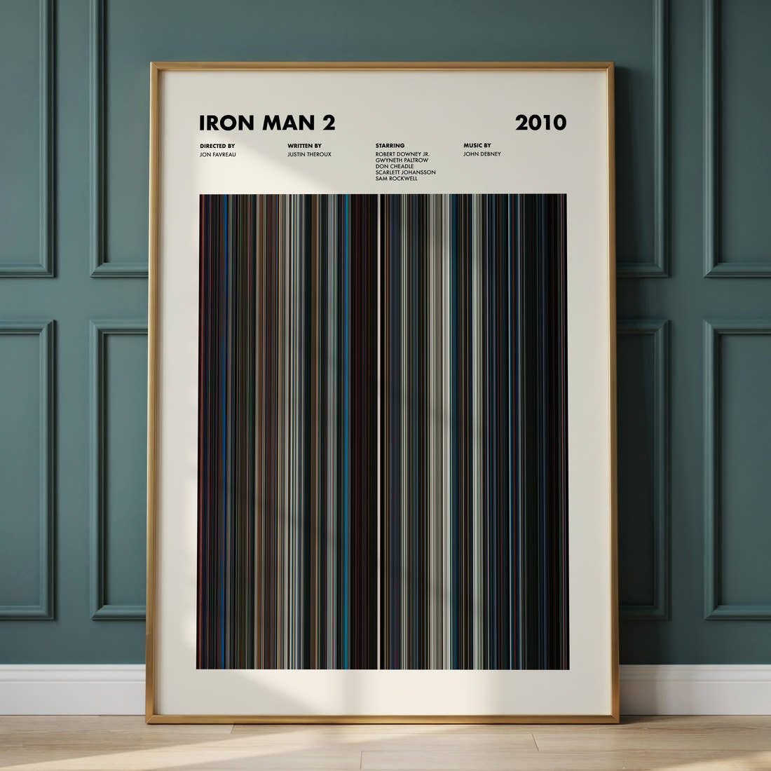 Iron Man 2 Movie Barcode Poster framed and leaning against a panelled wall