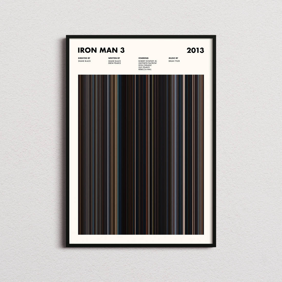 Iron Man 3 Movie Barcode Poster framed on a plain studio wall