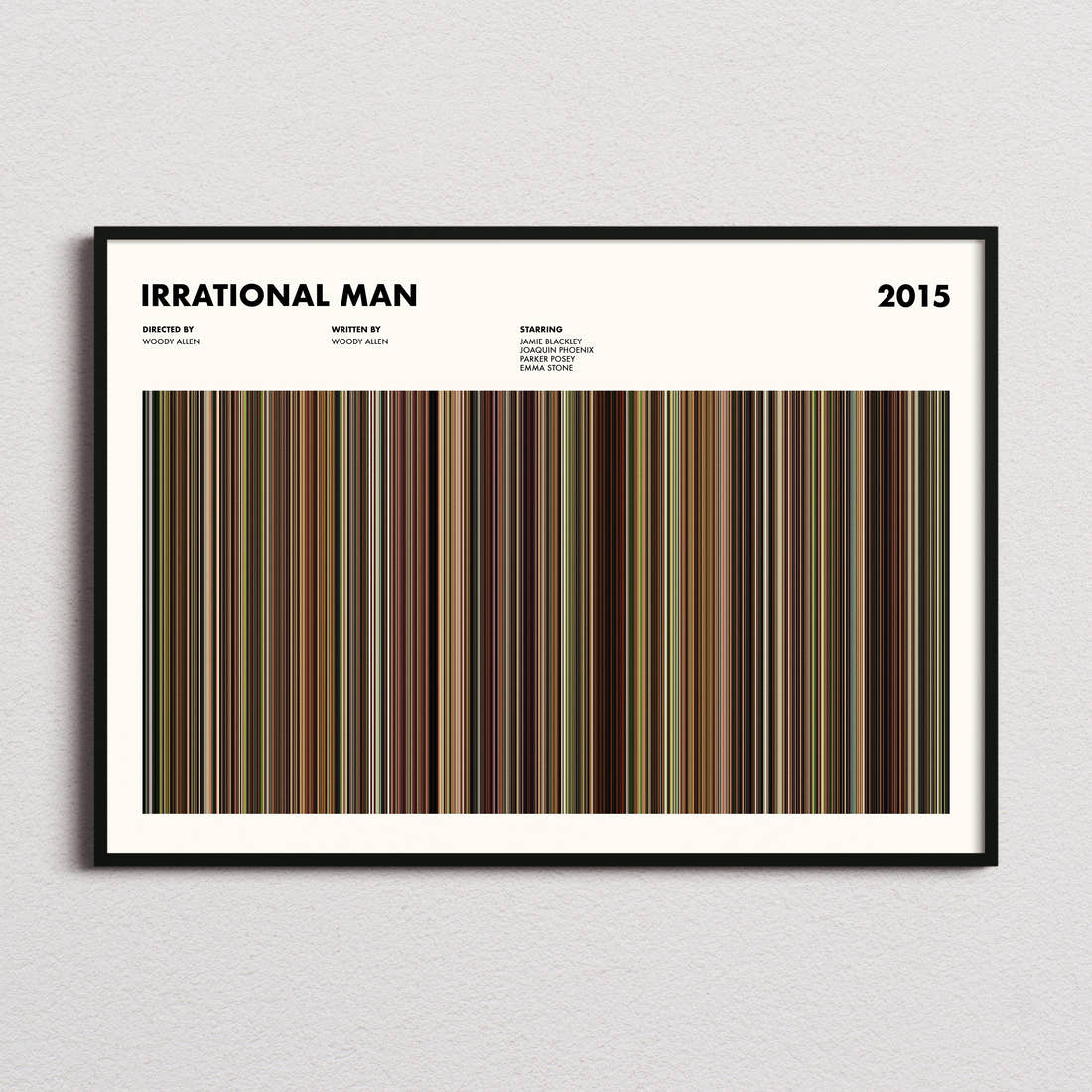 Irrational Man Movie Barcode Poster framed and photographed straight on