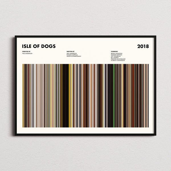 Isle of Dogs Movie Barcode Poster framed and photographed straight on