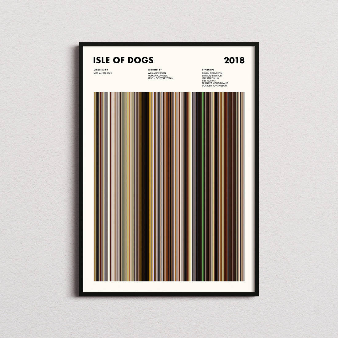 Isle of Dogs Movie Barcode Poster framed on a plain studio wall