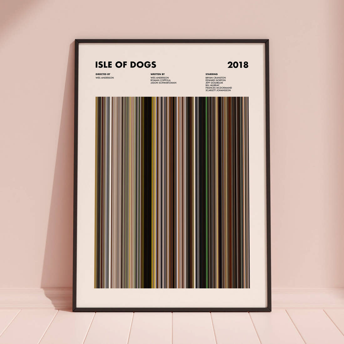 Isle of Dogs Movie Barcode Poster framed and leaning against a coloured wall