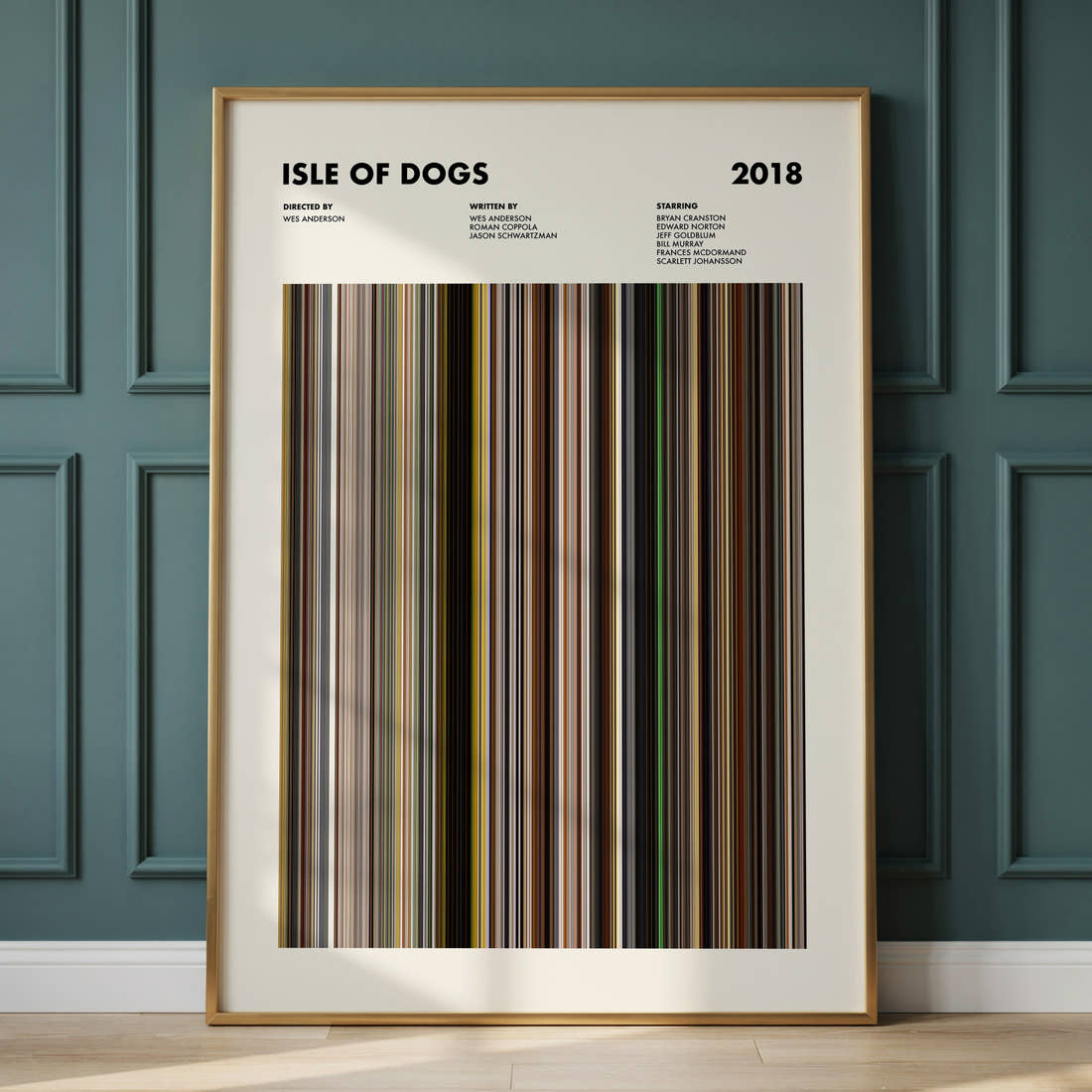 Isle of Dogs Movie Barcode Poster framed and leaning against a panelled wall