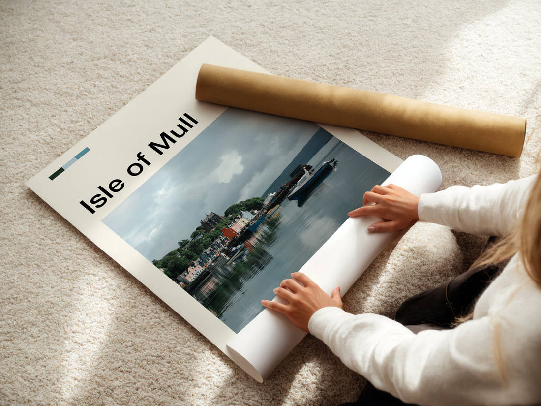 Isle of Mull Colourful Harbour Houses Travel Print being unrolled from its postal tube