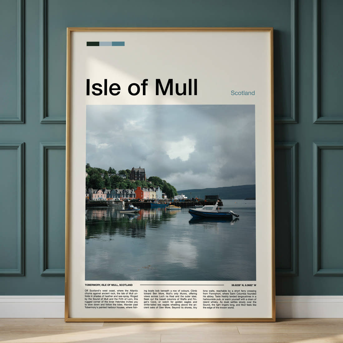 Isle of Mull Colourful Harbour Houses Travel Print framed on the wall of a calm, neutral bedroom