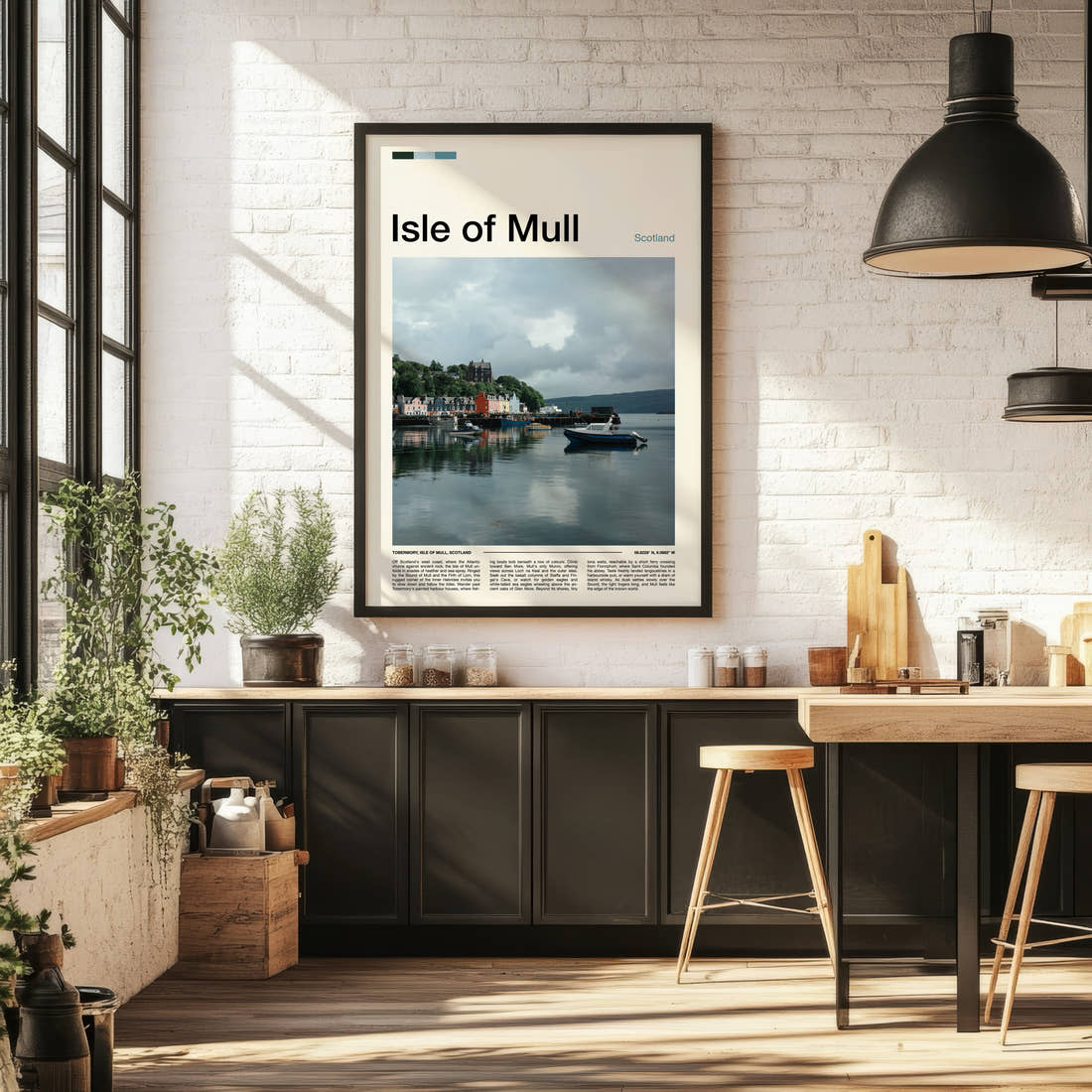Isle of Mull Colourful Harbour Houses Travel Print framed on the wall of a bright kitchen and dining space