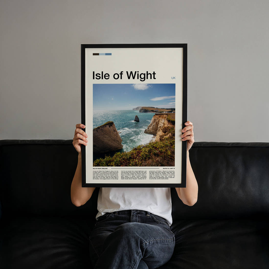 Isle of Wight Chalk Cliffs And Stack Travel Print held up by hand to show the size of the print