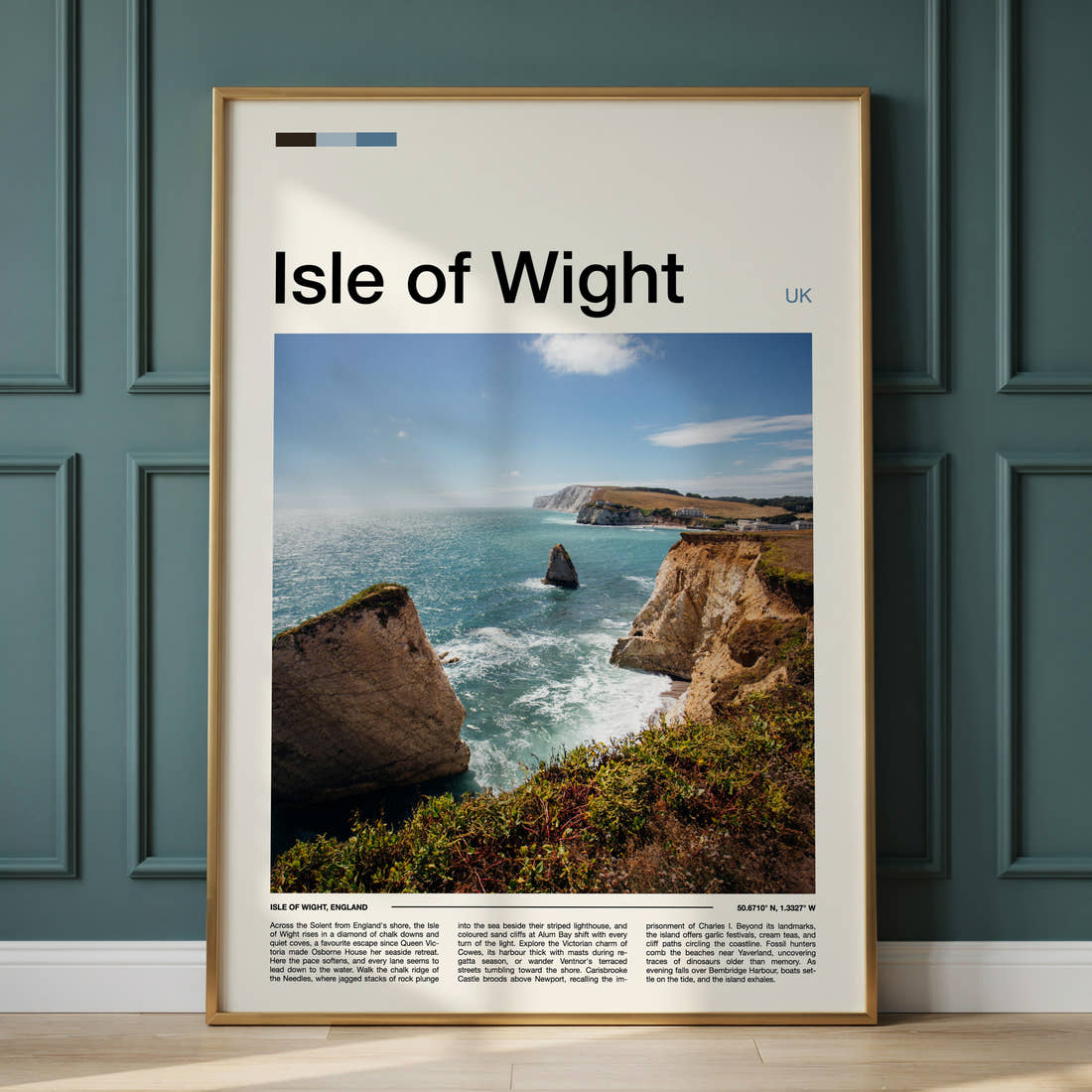 Isle of Wight Chalk Cliffs And Stack Travel Print framed on the wall of a calm, neutral bedroom