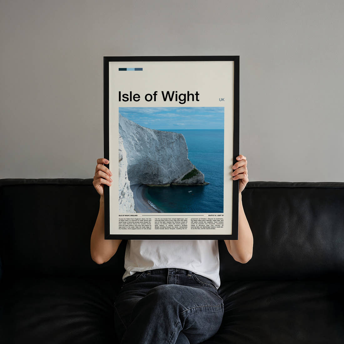 Isle of Wight Chalk Cliff Coastline Travel Print held up by hand to show the size of the print