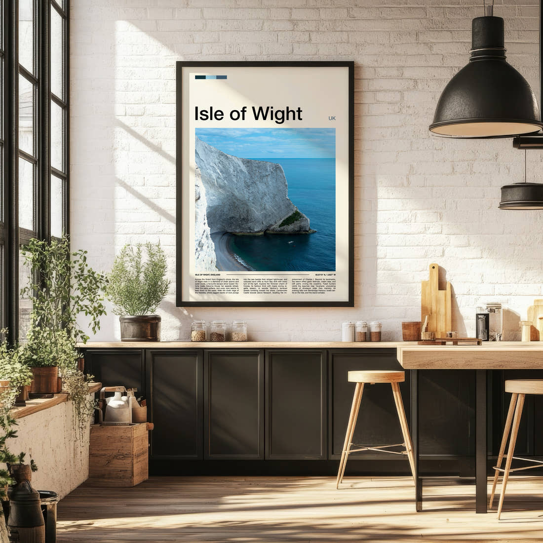 Isle of Wight Chalk Cliff Coastline Travel Print framed on the wall of a bright kitchen and dining space