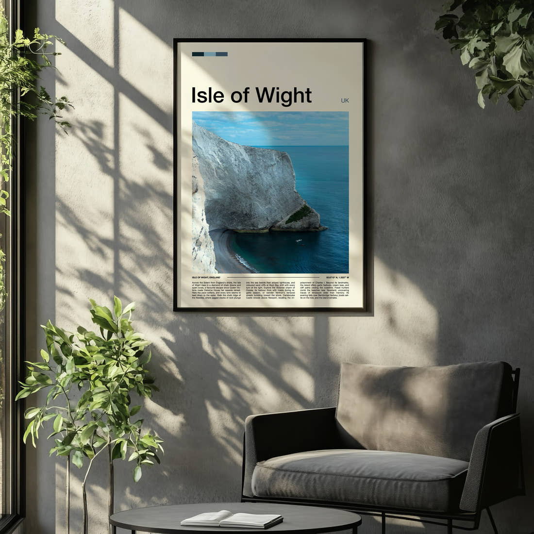 Isle of Wight Chalk Cliff Coastline Travel Print framed on the wall of a relaxed living room
