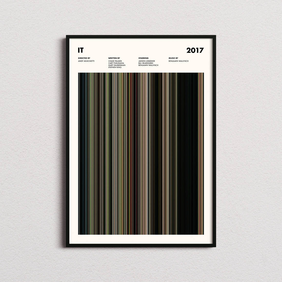It Movie Barcode Poster framed on a plain studio wall