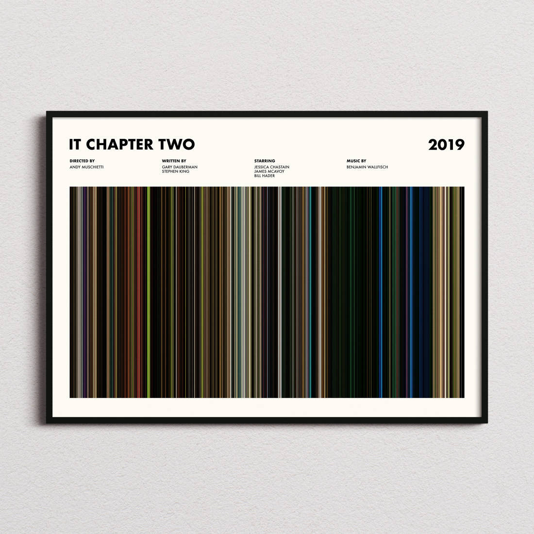 It Chapter Two Movie Barcode Poster framed and photographed straight on