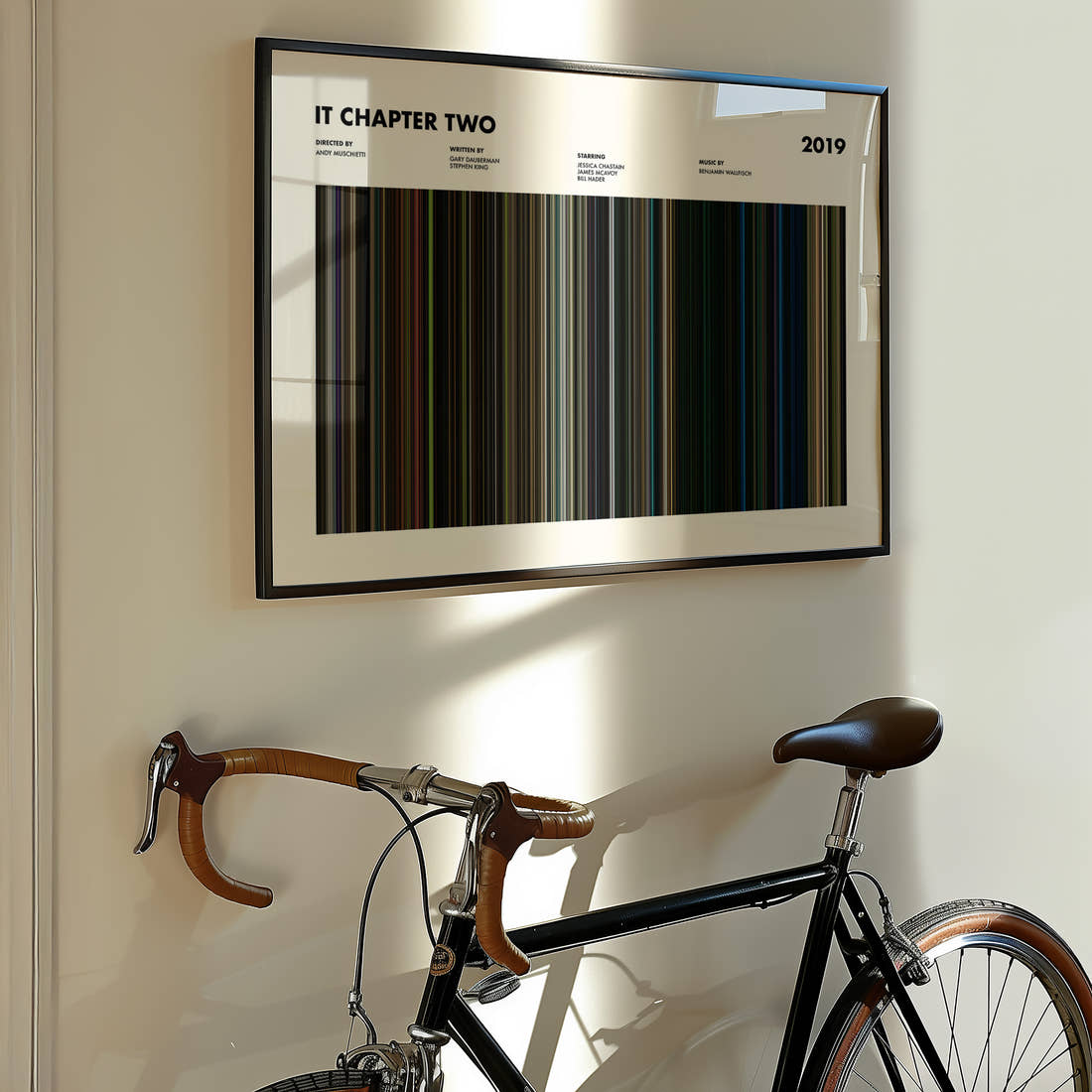 It Chapter Two Movie Barcode Poster framed on the wall of a styled room setting