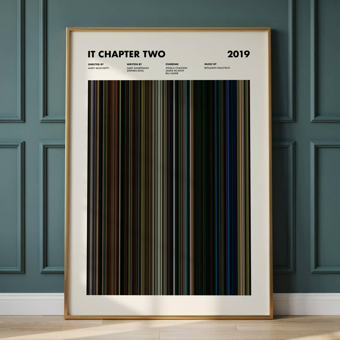 It Chapter Two Movie Barcode Poster framed and leaning against a panelled wall